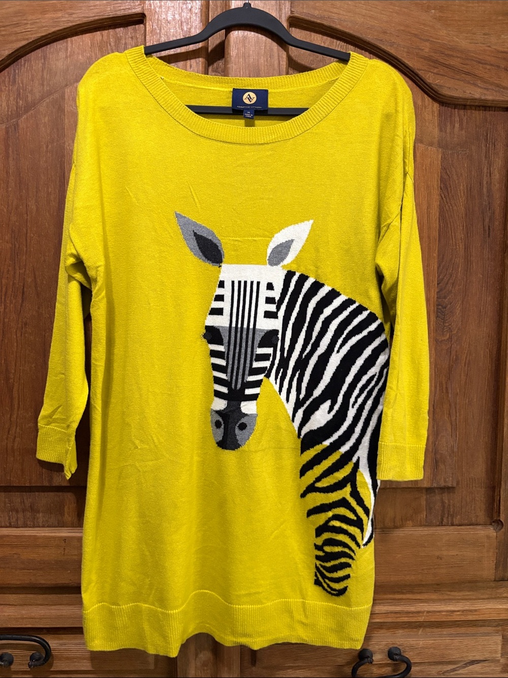 Adrienne Vittadini Yellow Scoop-Neck Sweater with Zebra Motif